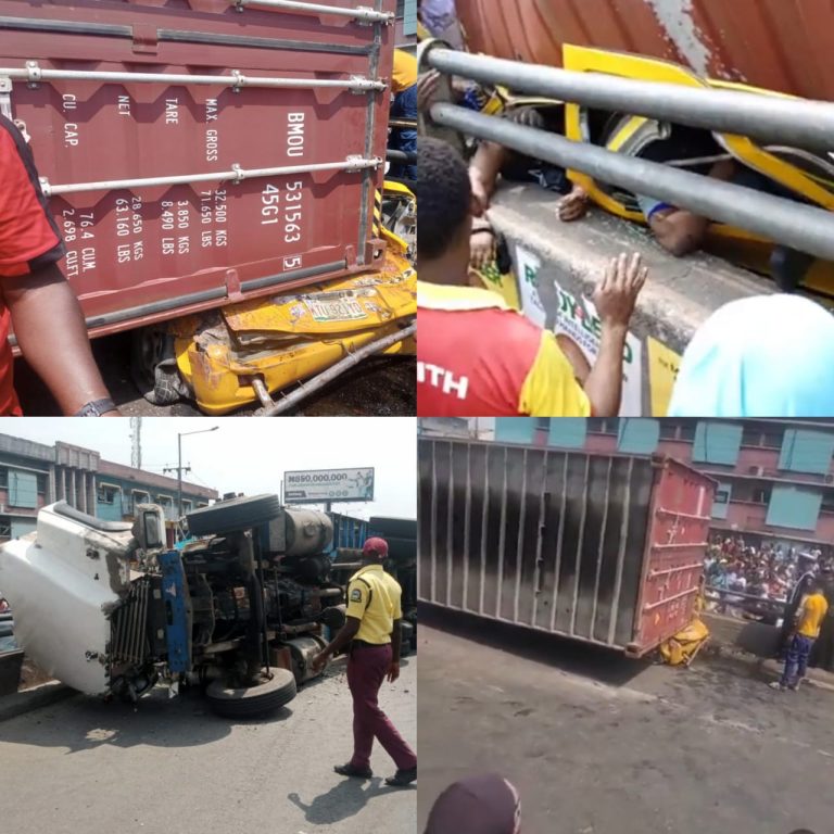 Container falls on fully-loaded commercial bus in Lagos (graphic photos/video)