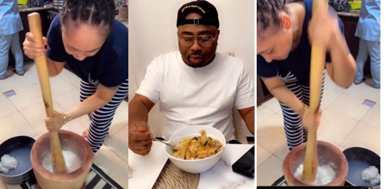 “There is nothing I wouldn’t do for my man” – Rosy Meurer says as she pounds yam for husband, Olakunle Churchill (Video)