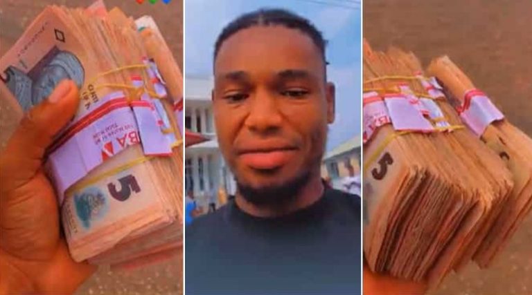 “This is punishment” – Man cries out after receiving 8 bundles of N5 notes from Nigerian bank (Video)