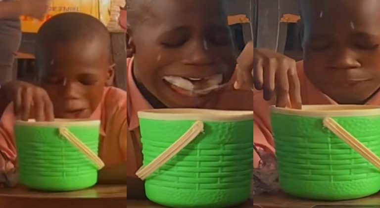Video of Nigerian kid drinking garri from his cooler in school and enjoying it like jollof rice stirs reactions (Watch)