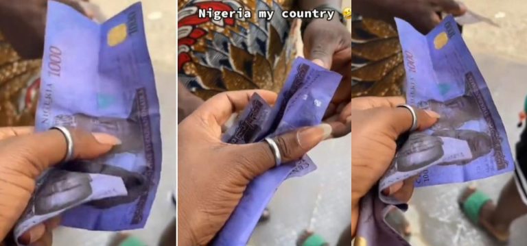 Lady laments after realising POS operator gave dyed old 1000 Naira notes as new note (Video)