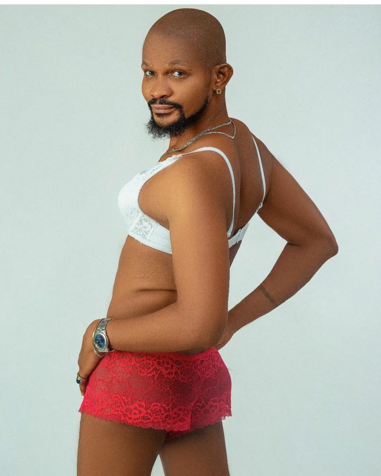 Actor Uche Maduagwu poses in a red female panty and bra for his Valentine photo shoot