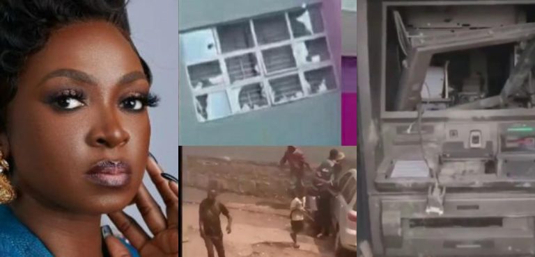 “Why?” – Kate Henshaw reacts as angry customers vandalize Wema bank’s ATMs, bankers’ cars, other facilities in Ibadan (Video)