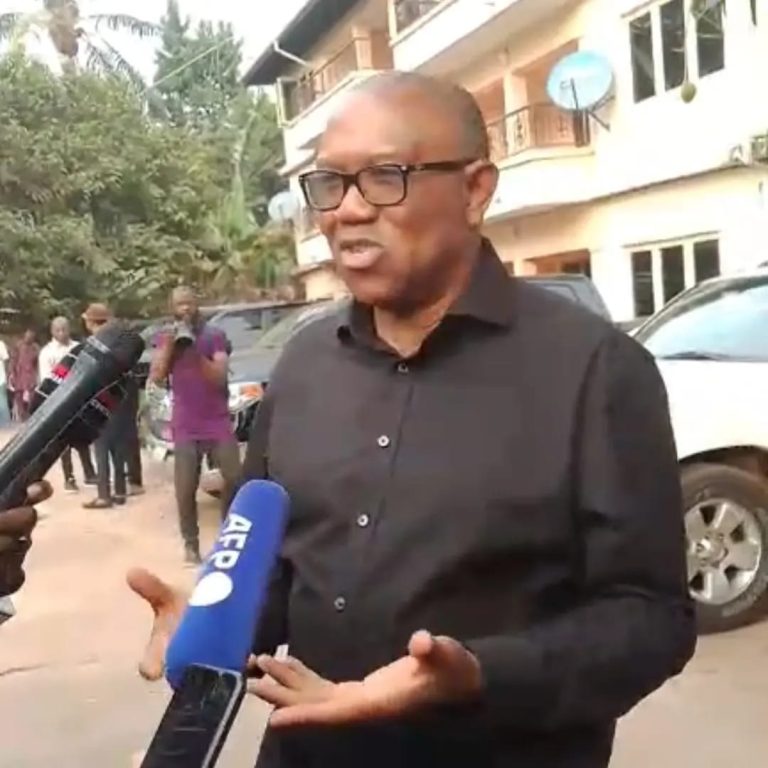 Photos of Labour Party presidential candidate, Peter Obi, addressing the press at his country home in Agulu, Anambra state this morning