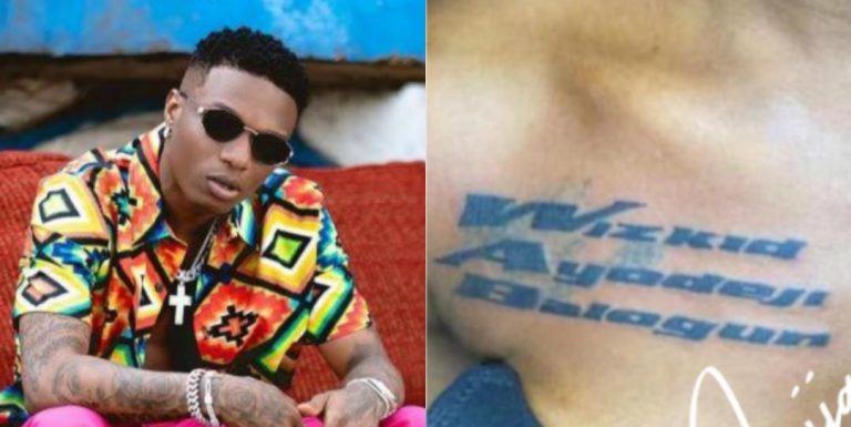 “Who dey marry all this kind people self ?” – Reactions as lady tattoos Wizkid’s full name boldly on her chest