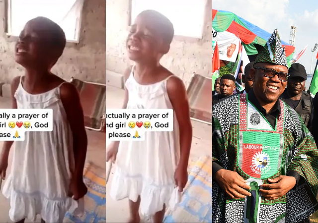 “Pls God hear our cry” – Little blind girl breaks down in tears as she prays Peter Obi to win ongoing presidential election