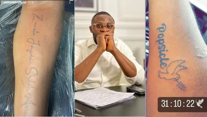 Ubi Franklin tattoos names of his four children on his hand after being called out for tattooing Davido’s late son’s name (Photo)