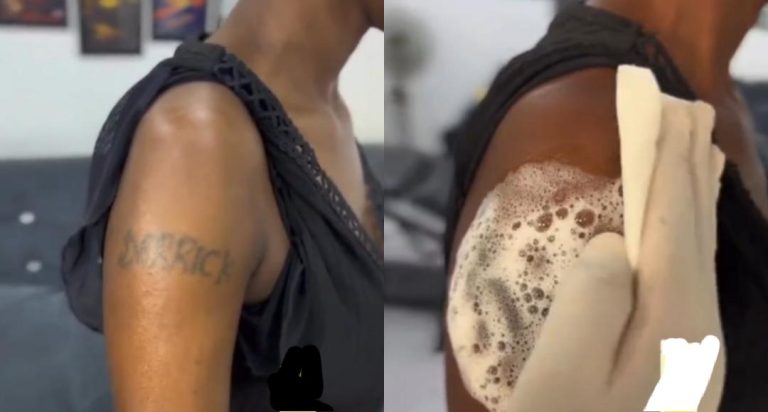 Lady who tattooed boyfriend’s name on her arm replaces it after being dumped (Video)