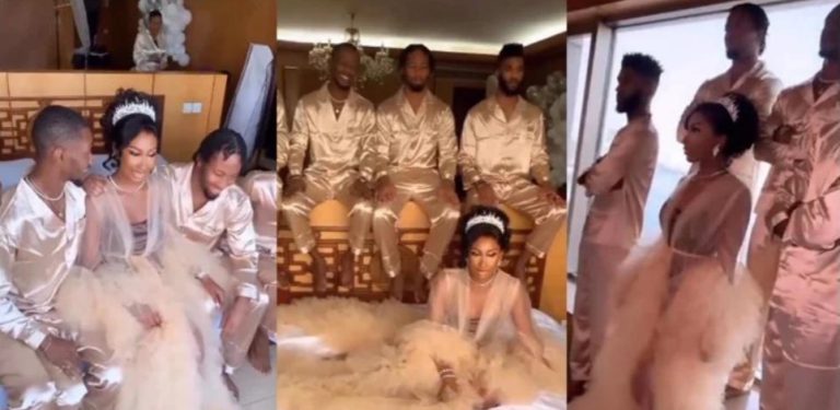 “Her husband must not misbehave” – Reactions as four brothers serve as only sister’s bridesmaids at her bridal shower (Video)