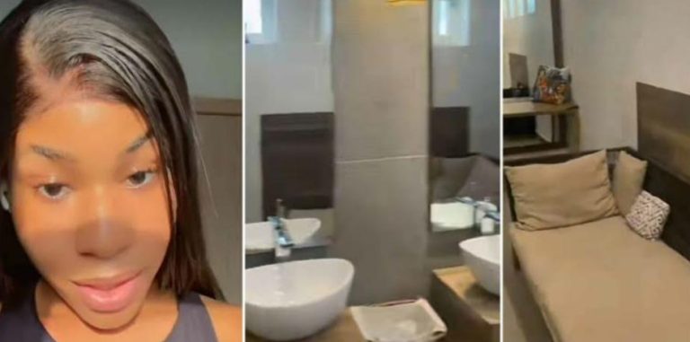 “That’s why it’s called a restroom” – Reactions as Nigerian lady is shocked to see bed and wardrobe inside a restroom at Lagos restaurant (Video)