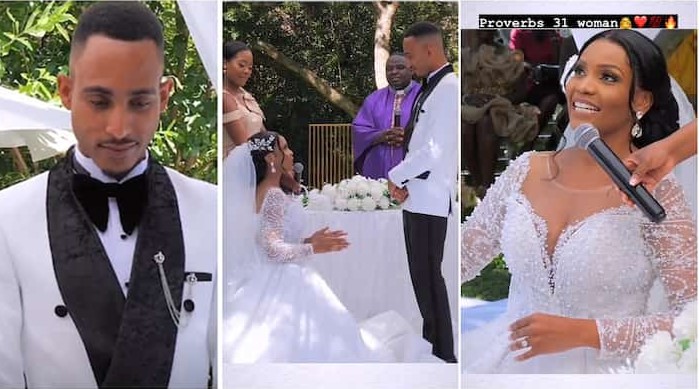 “I declare and decree, I shall be a submissive wife unto you” – Pretty bride kneels during wedding vows, says she’ll be a submissive wife (Video)