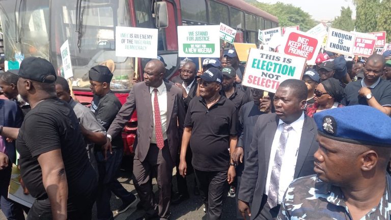 This protest will continue for a very long time – Atiku Abubakar says during protest at INEC headquarters