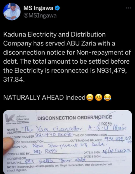 ABU Zaria allegedly asked to pay debt of over N931 million to Kaduna Electricity Distribution Company or risk disconnection