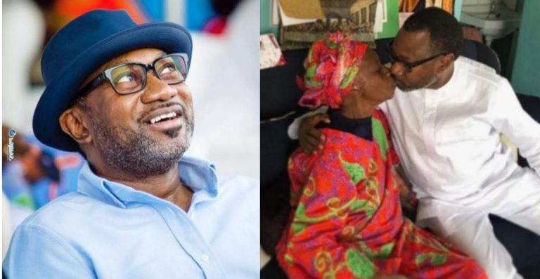 “I see nothing wrong with the photo, she’s now his baby to pamper and take care of” – Reactions as Femi Otedola lock lips with mom to celebrate her 91st birthday