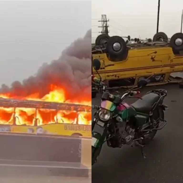 BRT bus set ablaze after colliding with commercial bus in fatal accident in Lagos (Video)