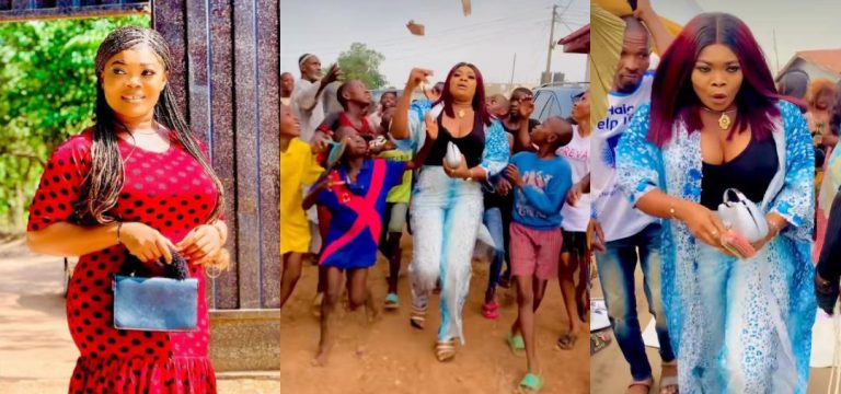 ‘This girl is local, why throwing money for them on the floor like beggars’ – Actress Ruby Ojiakor under fire for making kids chase her for money