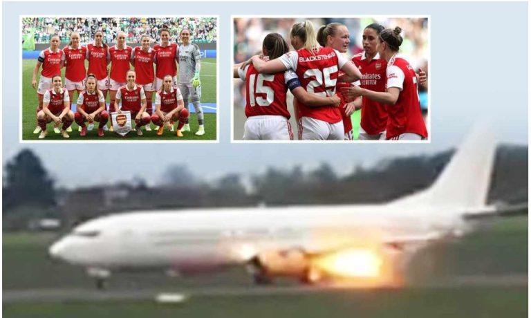 Arsenal team plane bursts into flames on runway during takeoff to London