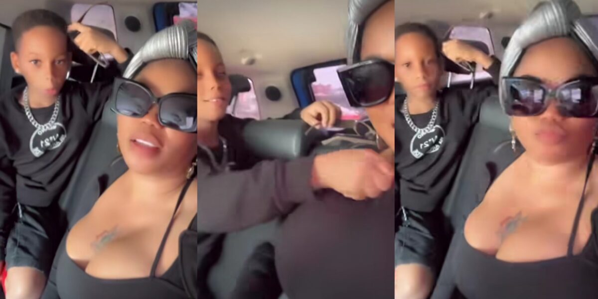Social media users praises Toyin Lawani’s son, Tenor for cautioning her against indecent dressing (Video)