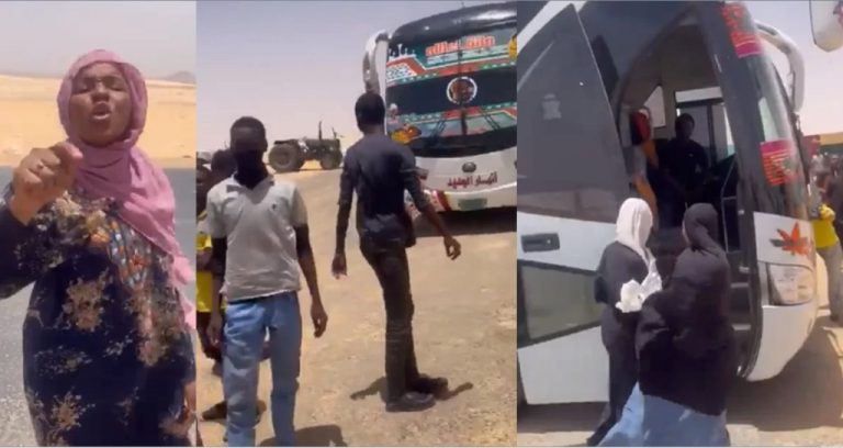 Nigerians stranded in Sahara Desert as bus drivers evacuating them from Sudan refuse to move until FG pays them (Video)
