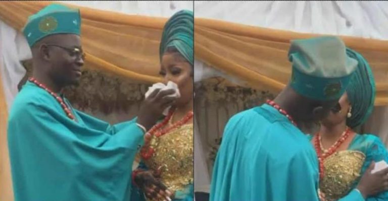 Reactions as groom wipes off lipstick of bride before kissing on wedding day (Video)
