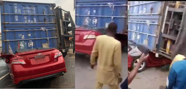 Driver escapes death as 40ft container crushes car in Lagos (video)