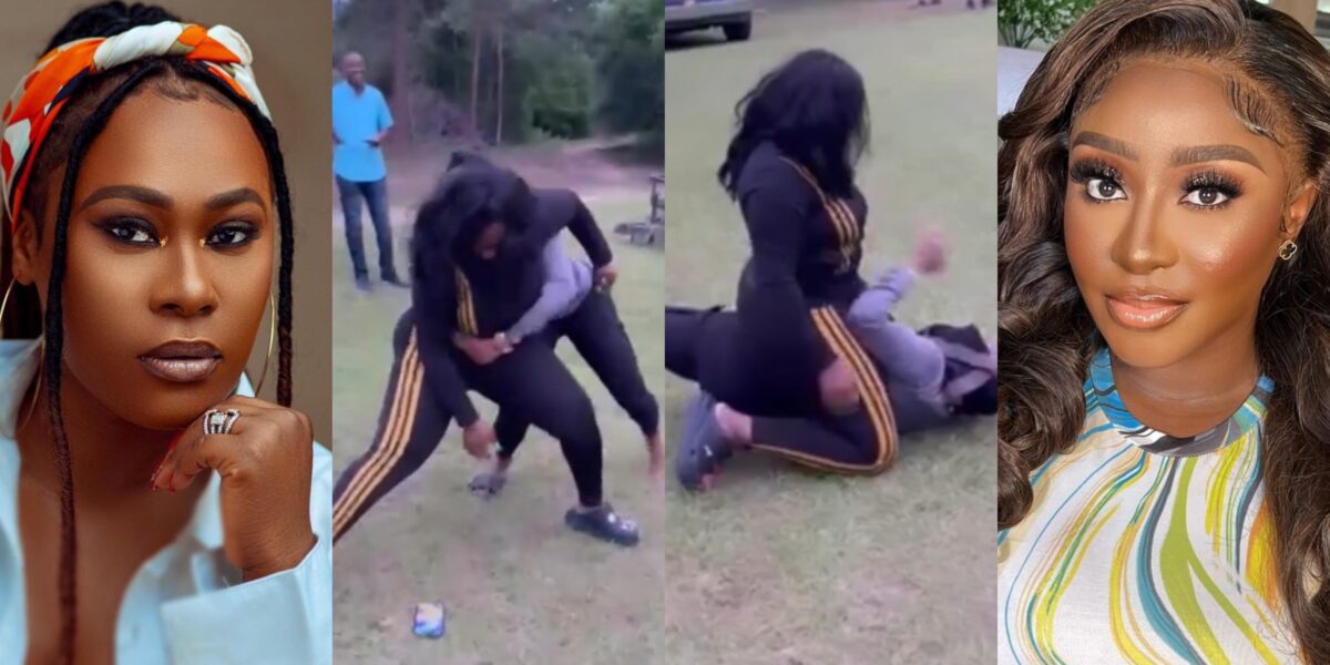 ‘Which motivational speaker give Ini this kind liver’ – Celebrities react as Uche Jombo displays wrestling skills, knocks down Ini Edo (Video)