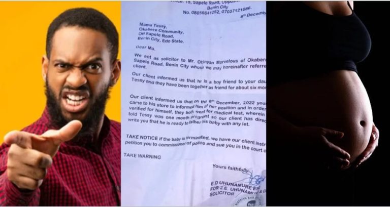 Nigerian man sends letter to pregnant girlfriend’s mother warning against taking her for abortion, reveals he’s ready to father the baby
