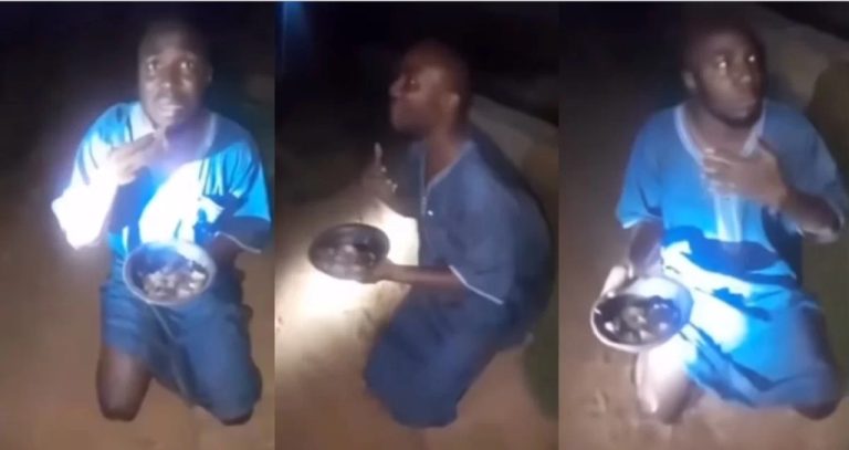 Vigilante forces suspected yahoo boy to eat ‘bowl of sacrifice’ he was caught with (Watch video)