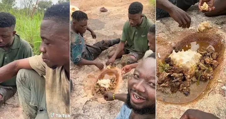 “Is this ritual?” – Young men dig hole on bare ground to eat fufu and soup (Video)