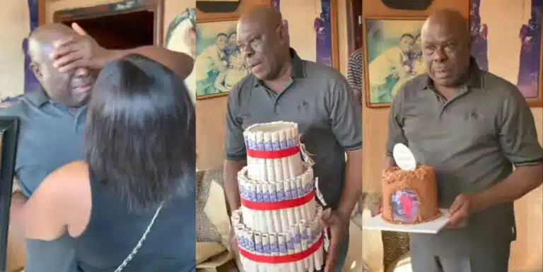 Father sheds tears of joy as family surprises him on birthday with money cake (Video)