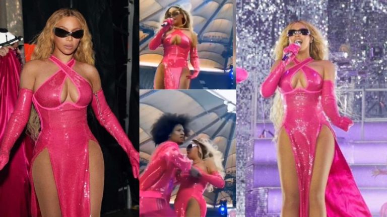Moment one of Beyonce’s dancers stylishly alerted her that her nipple was slipping out (Video)
