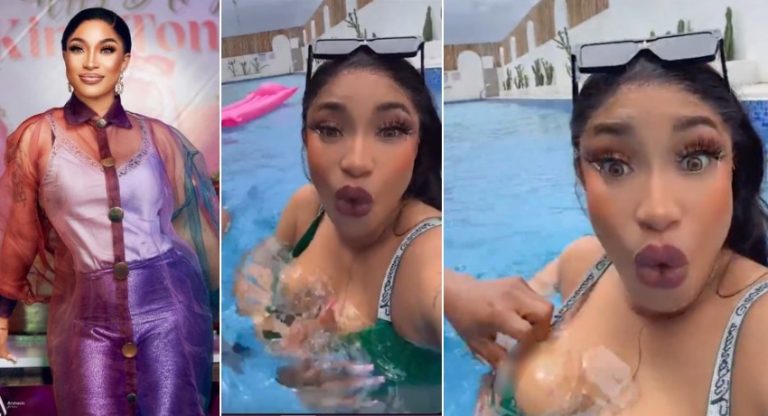 Na man come arrange bra o – Moment Tonto Dikeh suffered major nip slip in a pool set tongues wagging (VIDEO)