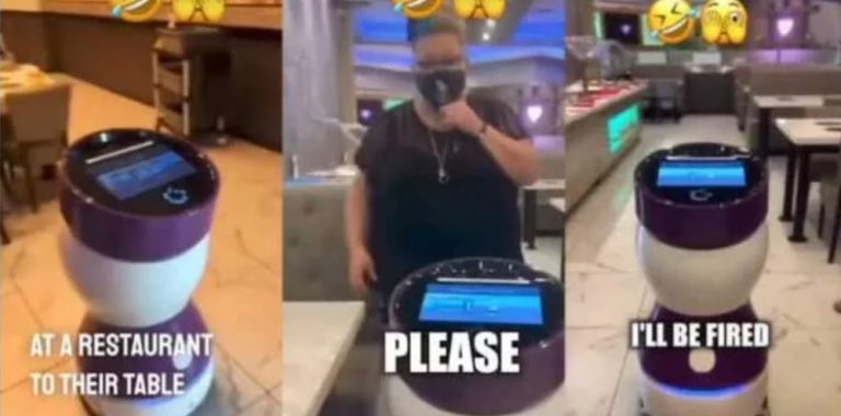 “I will be sacked” – Robot waiter gets angry at customer who blocks its way (Video)