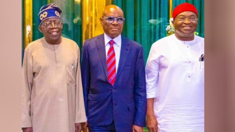 Appointment hustle is real – Nigerians drag Wike for wearing improperly buttoned suit to meet Tinubu in Abuja