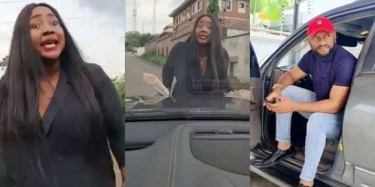 “Zeeworld couple” – Reactions as Judy Austin stands in centre of the road, blocks Yul Edochie from driving out