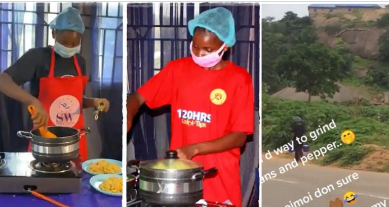 Chef Dammy spotted trekking to grind beans, pepper by herself (Watch video)