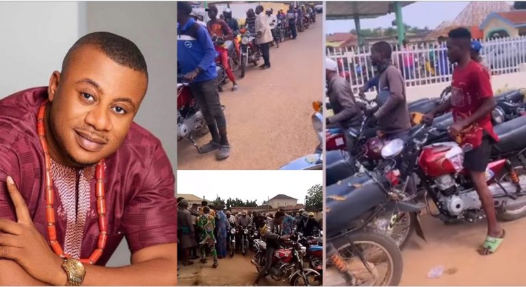 Nkechi Blessing’s ex, Opeyemi Falegan gives free fuel to hundreds of okada riders (Video)