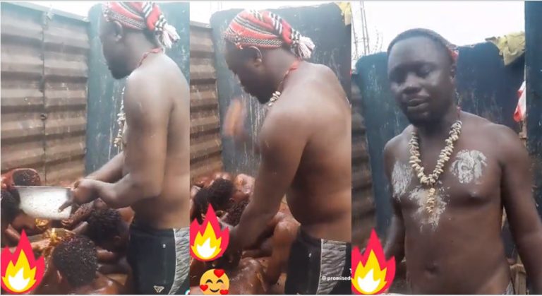 Reactions as Native doctor bathes suspected yahoo boys with blood (Video)