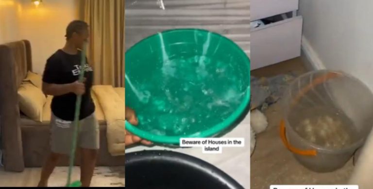 “The rich also cry” – Lady stirs reaction, shares state of apartment in Island when it rains (Video)