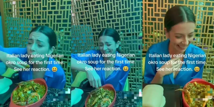 Italian lady stirs reaction as she tastes Nigerian Okra soup for the first time (video)