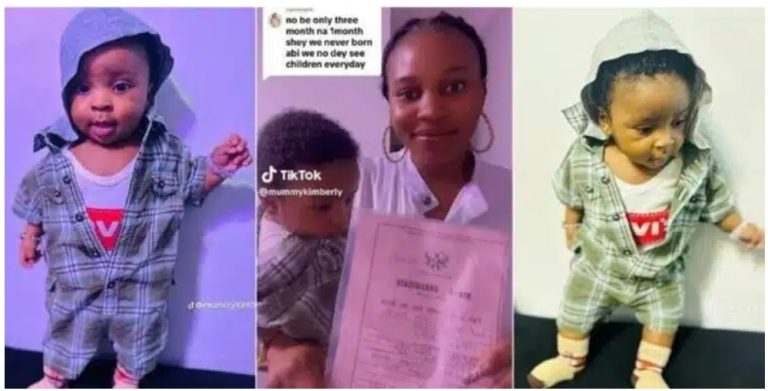 “Stop doubting me” – Mother shows off 3-month-old baby standing, displays birth certificate as proof after some woman doubted her (VIDEO)