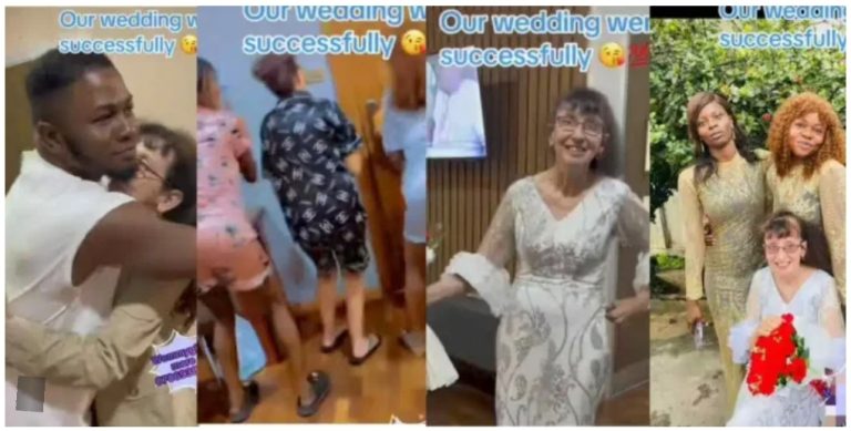 “What green card has put together, let no country put asunder” – Reactions as man weds older foreign lover (Video)
