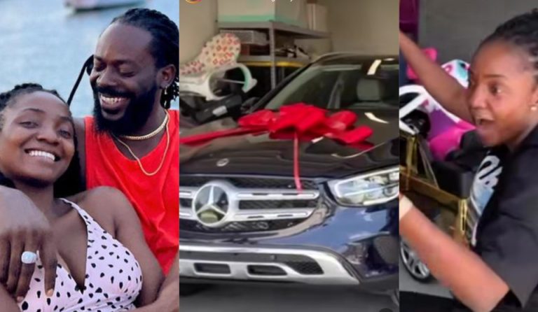 Overjoyed Simi goes down on her knees as husband, Adekunle Gold gifts her Mercedes Benz (Video)