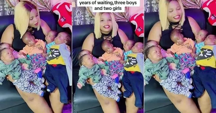 “God has turned my sorrow into joy” – Nigerian woman over the moon as she carries her babies after years of waiting