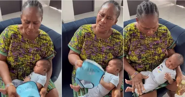 “Everyone should be careful” – Nigerian woman trashes newborn baby’s bib after she saw “mini monster” written on it (Video)
