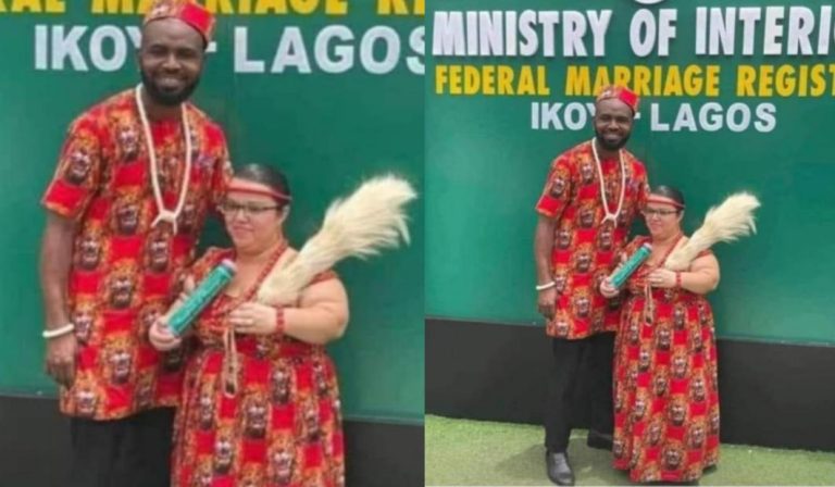 “Igbo men like court wedding when it comes to marrying foreign women” – Nigerians react to photo of Nigerian man who wedded foreign woman at Ikoyi Registry days after man advised Igbo men to ‘avoid court wedding at all cost’