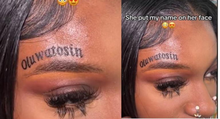 Lady tattoos boyfriend’s name on her face (Video)