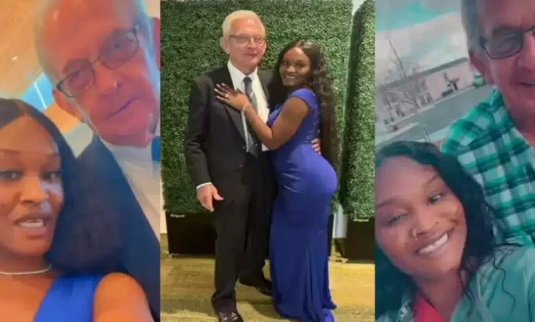Young lady peppers singles as she shows off her 82-year-old Caucasian husband (Video)