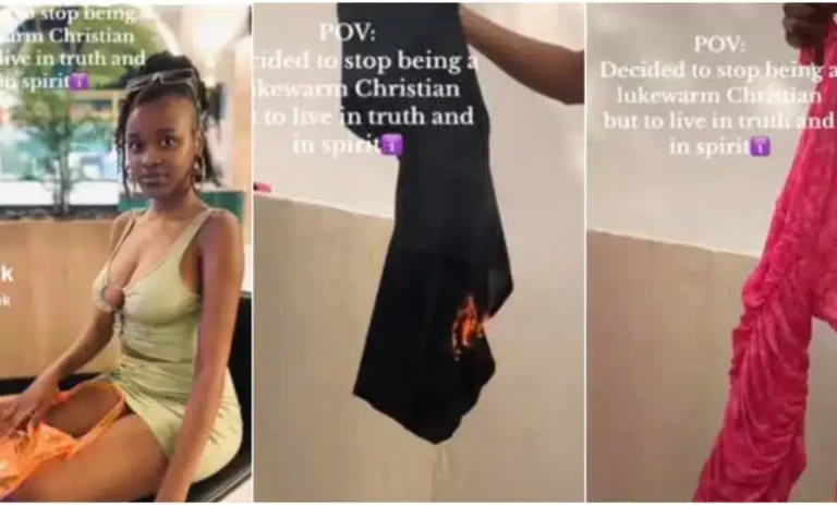 “Officially born again” – Lady causes a stir as she sets fire on all skimpy clothes in her wardrobe (Video)