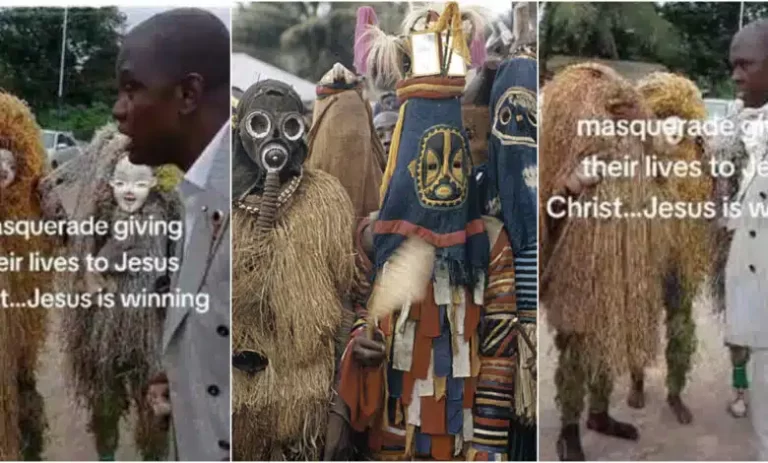 “You’ll go to hell if you don’t stop this” – Watch moment pastor preached to masquerades about Christ and they repented (Video)